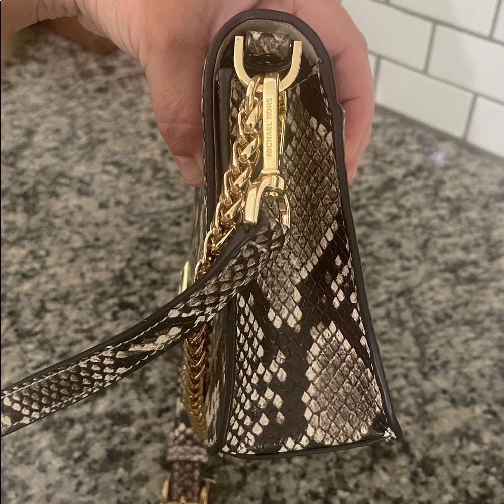 Michael Kors Snakeskin-Print Clutch with Gold MK Lock - Picture 6 of 10